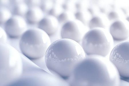 Bright and contemporary background showcases evenly spaced 3D white spheres, contributing to a sophisticated and minimalistic design with soft focus elementsの素材