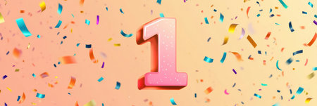 A vibrant number one icon features playful design and soft colors, surrounded by colorful confetti, celebrating special occasions in a festive atmosphere.の素材