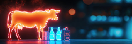 A neon cow outline stands next to milk bottles and cheese icons, glowing in vibrant blue and orange, highlighting modern grocery branding.の素材