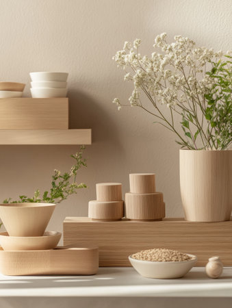 Organic food products are beautifully arranged in sustainable wooden packaging, showing a clean and minimalist aesthetic in neutral beige shades.の素材
