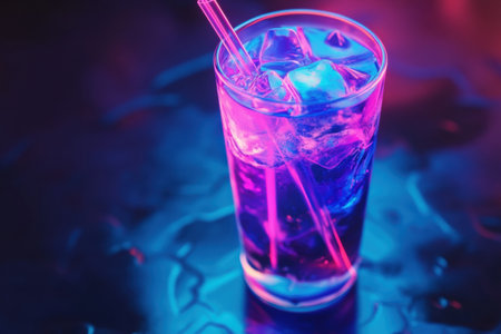 A glowing glass of soda filled with ice emits vibrant deep blue and electric purple hues in a stylized futuristic ambiance, embodied cyberpunk aesthetics.の素材