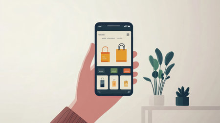 Hand navigating an online store app on a smartphone while viewing colorful product options for a contemporary shopping experienceの素材