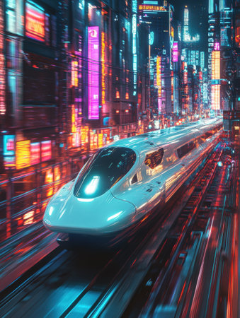 A high-speed train glides effortlessly through a glowing cyberpunk city, surrounded by bright neon signs and dynamic reflections at nighttime.の素材