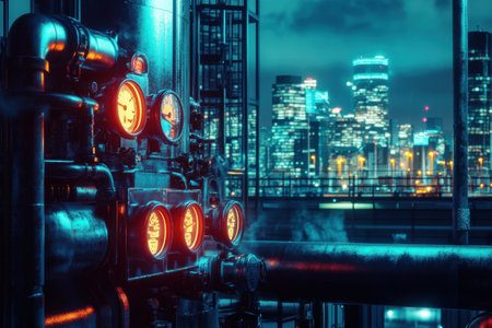 A fuel tank emits a glow with neon-lit pipes and gauges, while a bustling city skyline shines brightly in the background against the night sky.の素材