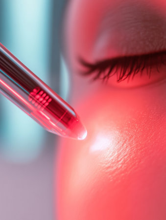 Focused red laser beam gently glides over smooth skin in a modern beauty treatment setting, showing advanced technology under soft sterile lighting.の素材