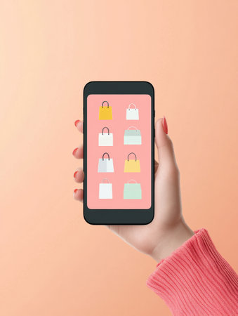 A hand scrolls through a user-friendly shopping app showing stylish bags in bright colors against a pastel background.の素材