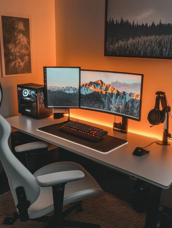A sleek home office dual features monitors, professional lighting, a mechanical keyboard, and an ergonomic chair, creating an ideal workspace for productivity.の素材