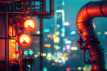 Brightly lit fuel tank with glowing gauges and neon pipes stands out against a bustling city skyline illuminated by colorful lights at night.の素材
