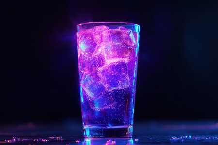 A vibrant glass of soda radiates neon light with deep blue and electric purple hues, showcasing a captivating cyberpunk aesthetic in a dimly lit environment.の素材