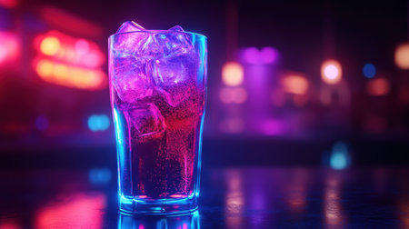 A vibrant glass of soda glows with neon blue and purple, reflecting the lively atmosphere of a futuristic cyberpunk venue filled with lights.の素材