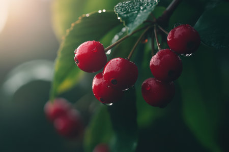 Ripe red coffee cherries dangle from a branch, adorned with soft dewdrops that sparkle in the early morning sun, surrounded by vibrant green leaves.の素材