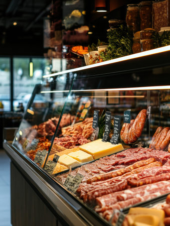 Modern supermarket deli counter displays an array of colorful sausages, cured meats, and artful cheeses, enhanced by bright glass reflections and neon accents.の素材