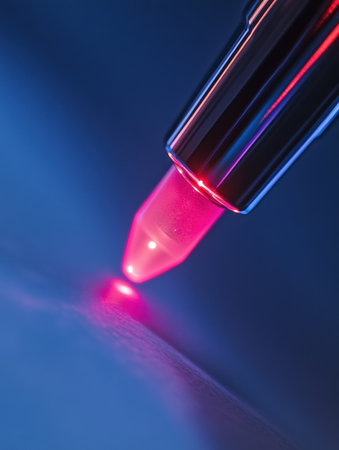 Red laser beam gently glides over smooth skin, showcasing advanced beauty treatments in a well-lit, sterile space focused on skin care and enhancement.の素材