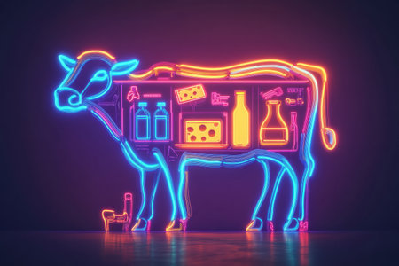 A glowing neon cow displays milk bottles and cheese icons in bright colors, creating an eye-catching design for a grocery brand in a contemporary location.の素材