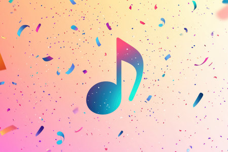 Colorful design showcases a music note surrounded by floating confetti, creating a joyful and vibrant festival atmosphere with a bright, festive background.の素材