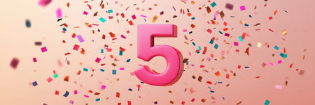 A vibrant number icon symbolizing age is surrounded by an array of falling confetti, showcasing a lively and cheerful atmosphere for celebrations.の素材