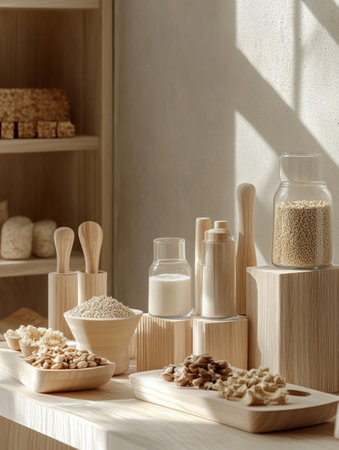 Modern arrangement of organic food products in wooden packaging highlights clean lines and a minimalist aesthetic, creating a fresh shopping experience.の素材