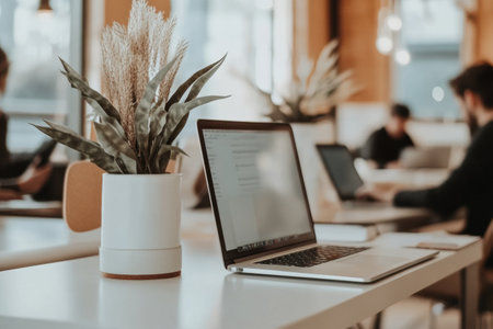 In a sleek office environment, people focus on their laptops at clean desks, complemented by natural decor and a serene ambiance that enhances productivity.の素材
