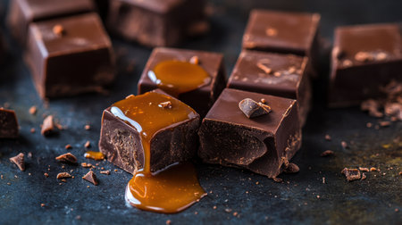 Indulge in a delightful display of dark chocolate squares with rich caramel oozing from their glossy surfaces, enhanced by warm lighting.の素材