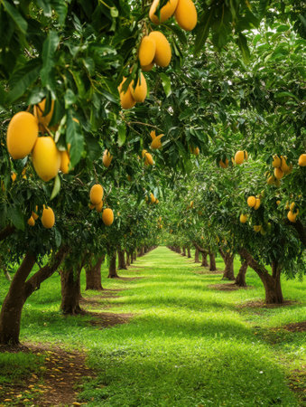 Lush tropical mango plantation features trees bursting with ripe golden mangoes surrounded by vibrant green leaves and soft light filtering through.の素材