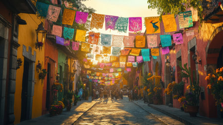 Lively festival atmosphere filled with colorful papel picado banners strung across a vibrant street as the golden sunset casts a warm glow on the celebration.の素材
