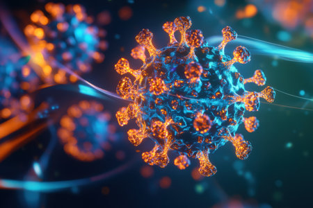 Detailed adeno-associated virus structure features an intricate protein capsid glowing bioluminescently in fluid under cinematic lighting.の素材