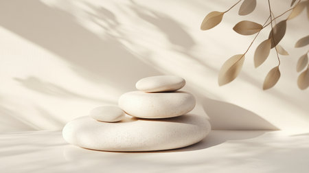 Smooth river stones are carefully arranged on a white surface, illuminated by gentle light, enhancing the tranquil, minimalist ambiance of the setting.の素材