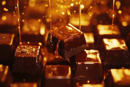 Dark chocolate squares ooze with rich caramel drips, surrounded by glossy textures under warm golden lighting, inviting a luxurious tasting experience.の素材
