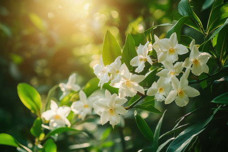 Beautiful white orchids bloom on vines in a vibrant green vanilla plantation, bathed in warm sunlight, creating a serene and organic atmosphere.の素材