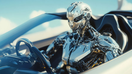 Robot with intricate mechanics controls a sleek futuristic car, showing shiny surfaces and complex reflections as it moves through a vibrant landscape.の素材