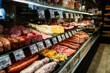 Modern deli counter features a vibrant display of sausages, cured meats, and artisanal cheeses amidst glass reflections and neon accents.の素材