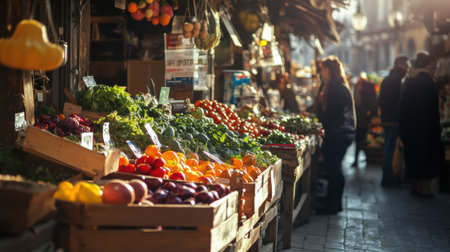 Full of vibrant fresh produce, this open-air grocery market buzzes with activity as customers browse wooden stalls in the warm morning sunlight.の素材