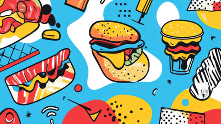 Vivid abstract food shapes float against a blue background, showcasing a playful Memphis-style design that captures the essence of urban pop culture.の素材