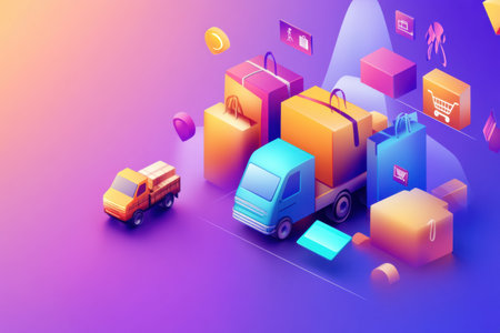 Floating icons of credit cards, shopping bags, and delivery trucks create a vibrant atmosphere for online shopping themes against a smooth gradient backdropの素材