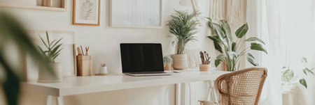 A clean white desk features a sleek laptop and minimalistic decor with plants, bathed in natural light creating an inviting atmosphere for work.の素材