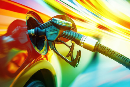 Vivid colors of gasoline blend with eco-friendly shadows in a digital abstract design, highlighting energies connection to sustainability.の素材