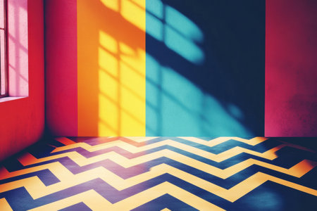 Interior design features a playful Memphis style with zigzag patterns and vibrant colors, creating an energetic atmosphere in a retro-inspired room.の素材