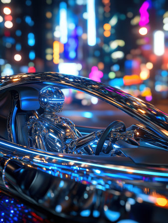 A robotic chauffeur operates a luxury self-driving limousine, glimmering in the city lights while showing intricate mechanical designs and a dynamic skyline.の素材