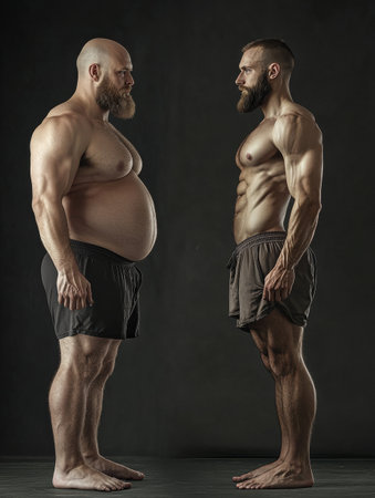 A man shows his stunning transformation from an overweight body to a fit, athletic physique.の素材