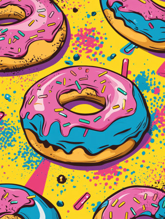 Playful donuts featuring vibrant rainbow frosting and colorful sprinkles are arranged against a bright, energetic backdrop, showcasing a fun pop-art aesthetic.の素材