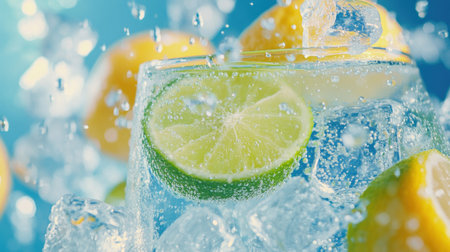 Cool lemonade with fresh lime slices and ice cubes creates a refreshing drink perfect for a sunny day, set against a vibrant and bright summery background.の素材