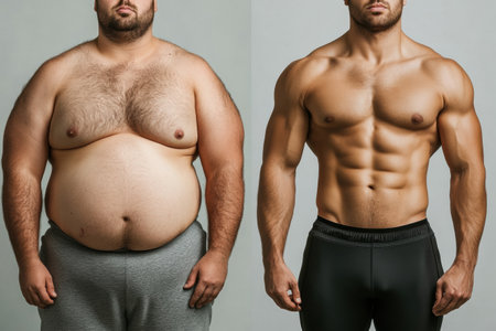 A man transitions from an overweight physique to an athletic body, showing remarkable dedication to fitness and health in a motivational display.の素材