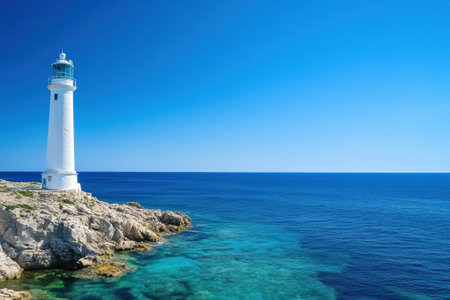 A coastal lighthouse stands tall on a rocky shore, framed by turquoise waters and a bright blue sky, capturing the spirit of summer.の素材
