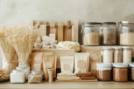 Showcasing a collection of organic food items in eco-friendly wooden containers, emphasizing a clean and minimalist design with a neutral color palette.の素材