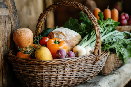 A rustic basket brimming with an assortment of fresh organic vegetables and fruits alongside a loaf of homemade bread on a natural backdrop.の素材