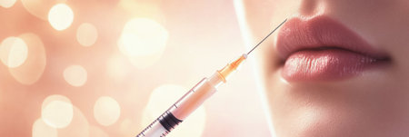 A close-up view of a cosmetic injection needle poised near the skin, set against a glowing sterile background, creating a smooth and elegant atmosphere.の素材