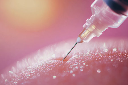 Close-up of a cosmetic injection needle near skin in a clean, bright setting, highlighting elegance and medical professionalism.の素材