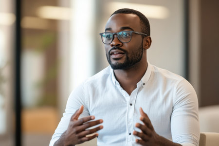 A professional educator passionately delivers a virtual lecture in a bright study area, using gestures to engage viewers effectively.の素材