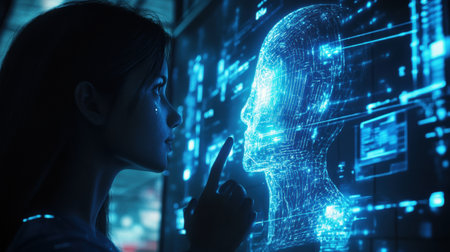 A robotic AI tutor engages a student via a holographic interface in a neon-blue setting, showcasing modern digital education.の素材