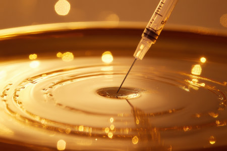 A detailed view of a cosmetic injection needle positioned near smooth skin, highlighting a glowing sterile medical backdrop in an elegant setting.の素材
